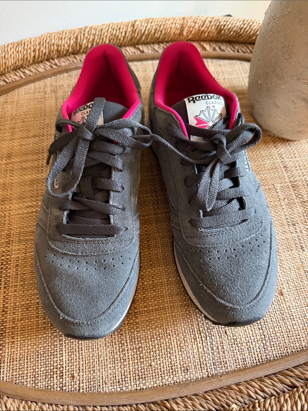 Reebok Gray Suede Sneakers with Pink Lining